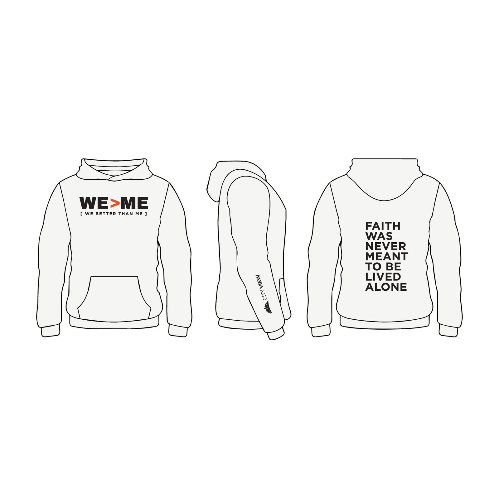 WE > ME Hoodie mockup (front, side and back)