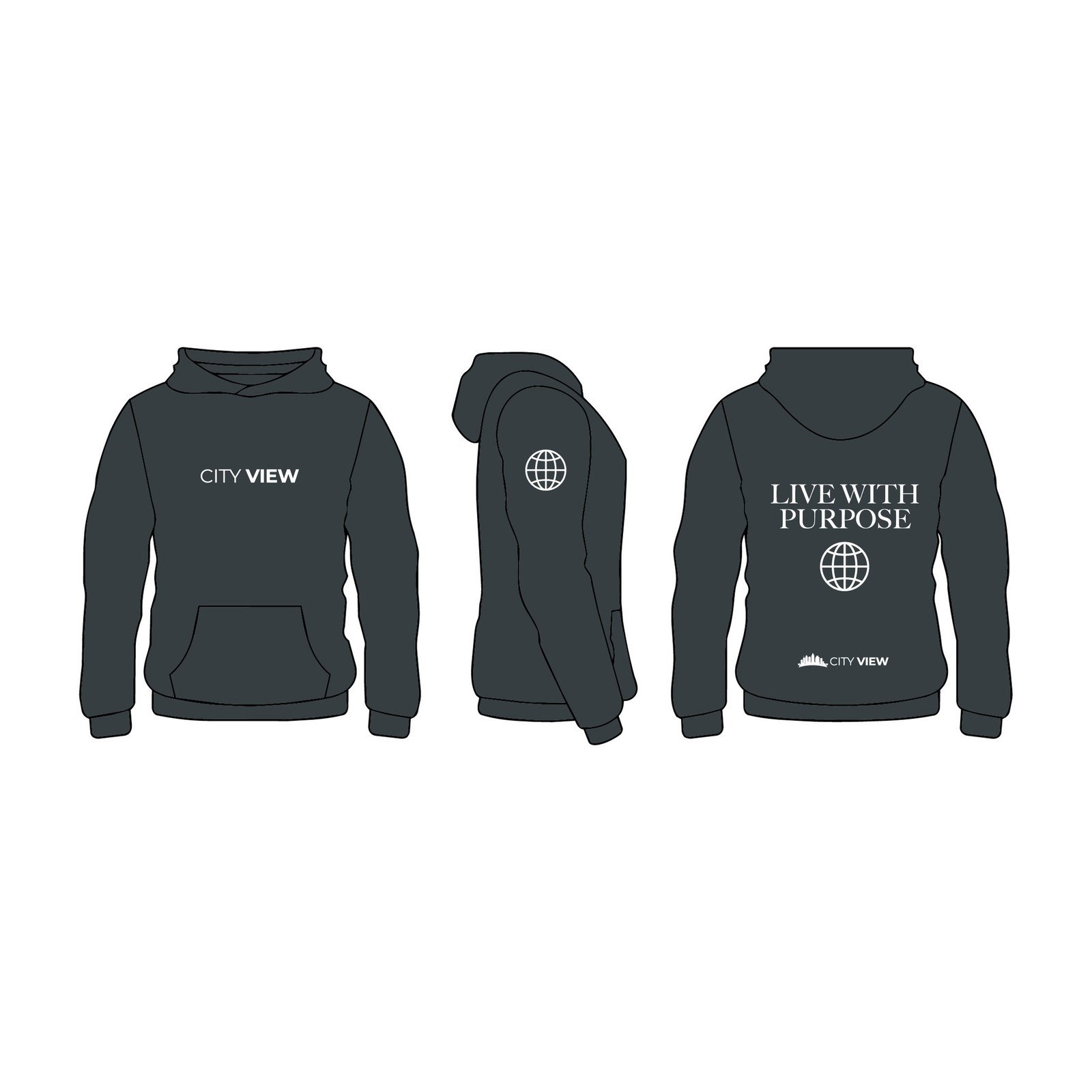 Live With Purpose Hoodie mockup (front, side and back)