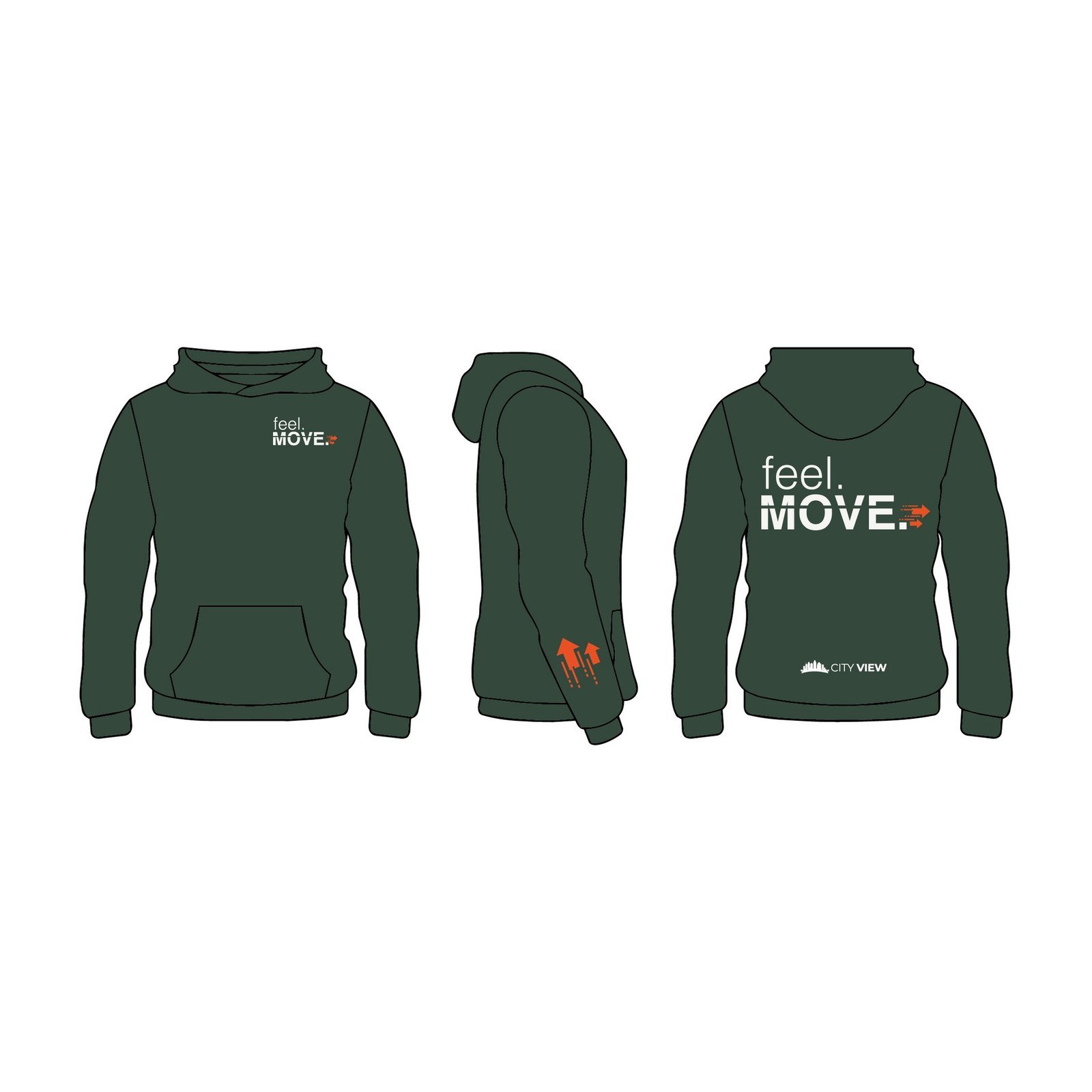 See. Feel. Move. Hoodie mockup (front, side and back)