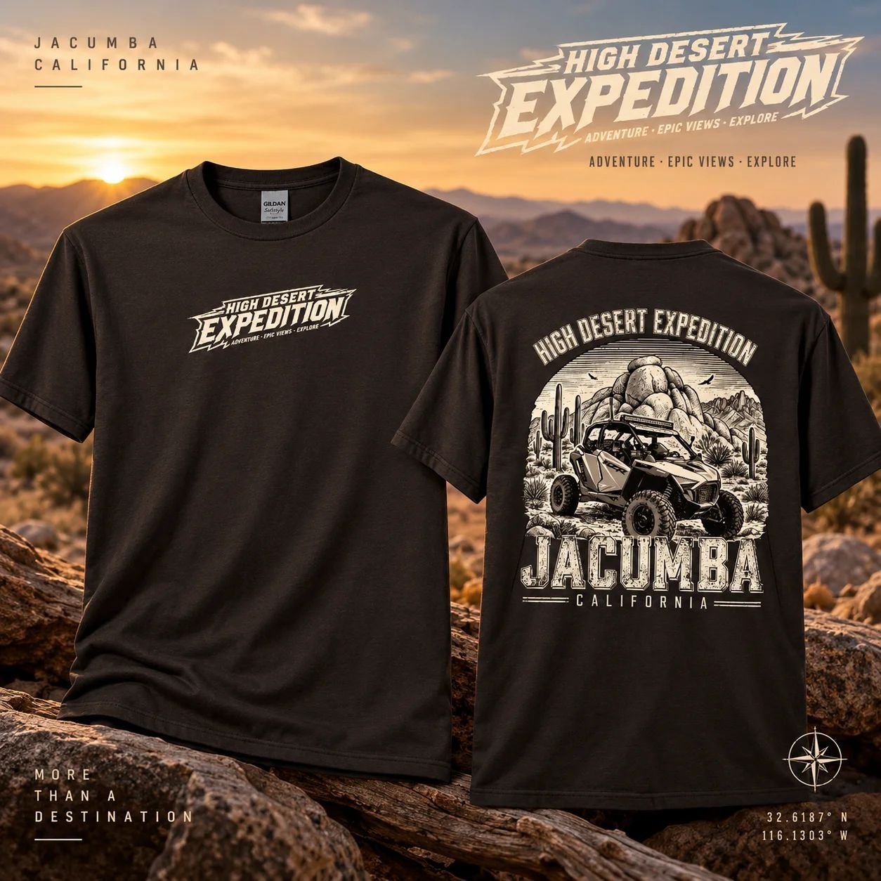 Jacumba Expedition T-Shirt in Dark Chocolate, front and back, desert mockup