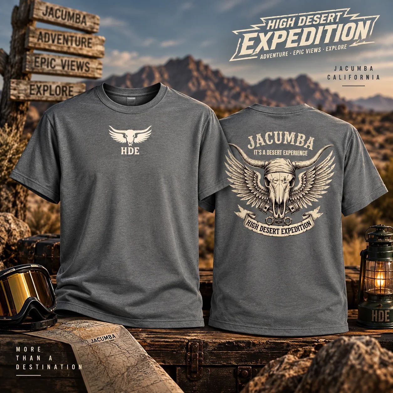Desert Experience T-Shirt in Graphite Heather, front and back, desert mockup
