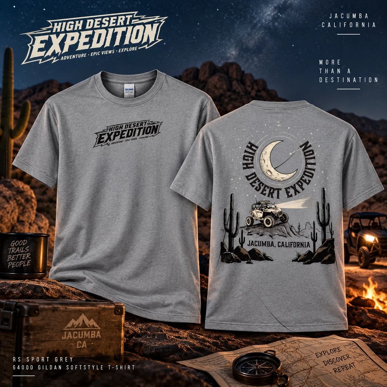 Night Expedition T-Shirt in RS Sport Grey, front and back, desert mockup