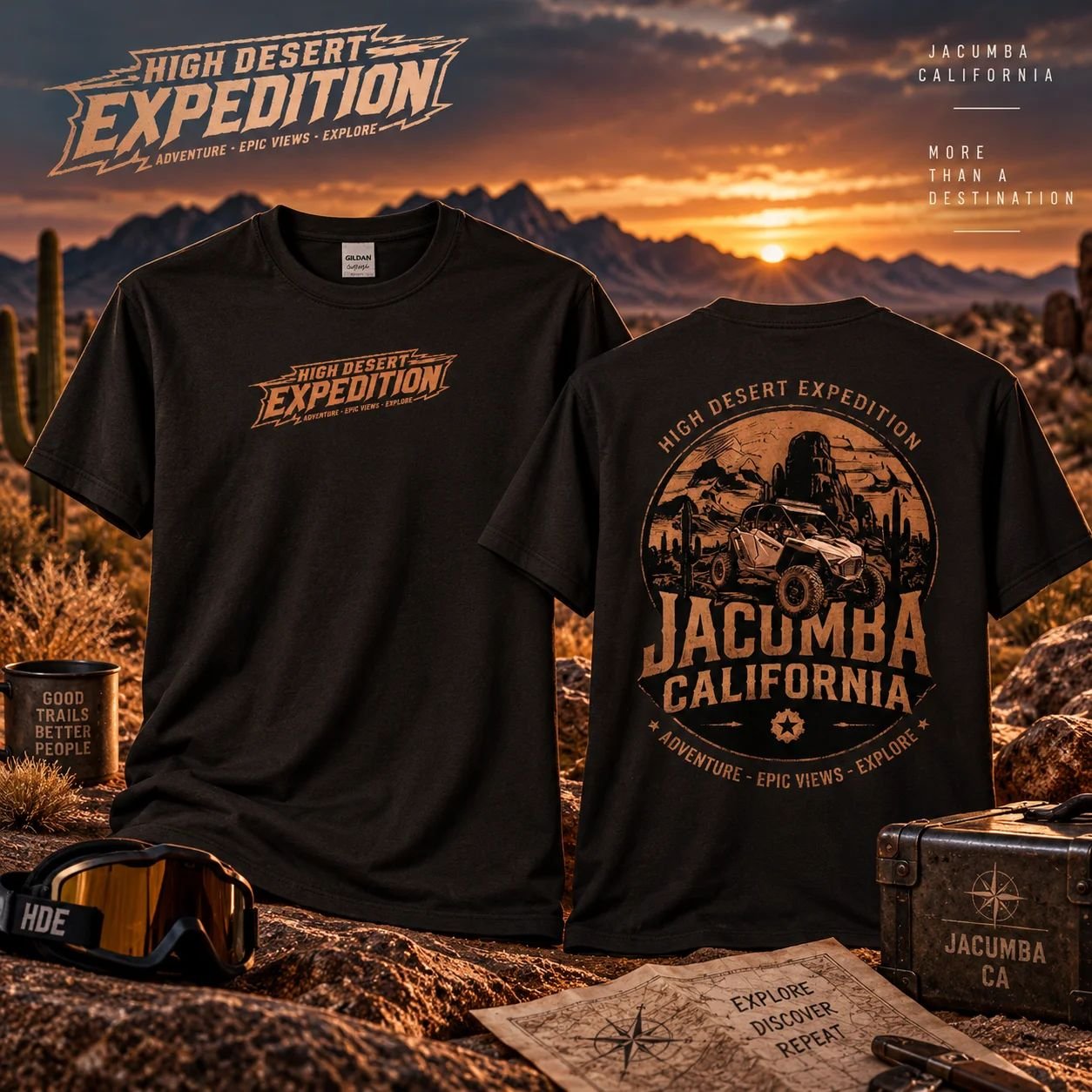 Jacumba California T-Shirt in Black, front and back, desert mockup