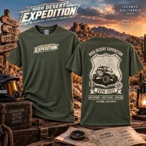 Expedition Badge 2026–2027 T-Shirt in Military Green, front and back, desert mockup