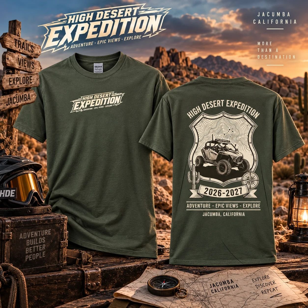 Expedition Badge 2026–2027 T-Shirt in Military Green, front and back, desert mockup