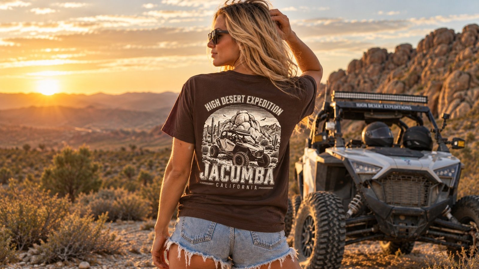 Jacumba Expedition T-Shirt back view in the desert at sunset